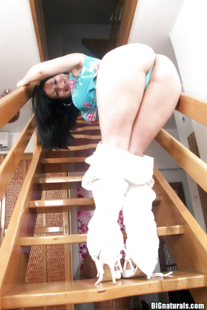 Staircase masturbation session featuring a super sweet MILF