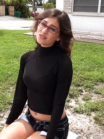 Clothed brunette wearing glasses is presenting her new lover with great sex session. She is doing her best to make him cum on her face.
