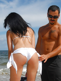 Horny man wearing black sunglasses is demonstrating his fuck skills with pleasure. He is drilling this slutty Latina babe making her cry loudly.