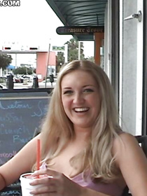 Wonderful blonde is smiling happily chatting with her new friend at the cafe. She is also feeling great being penetrated with his long cock.